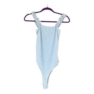 Wasabi + Mint Light Blue Smocked Ruffle Strap Bodysuit Size M